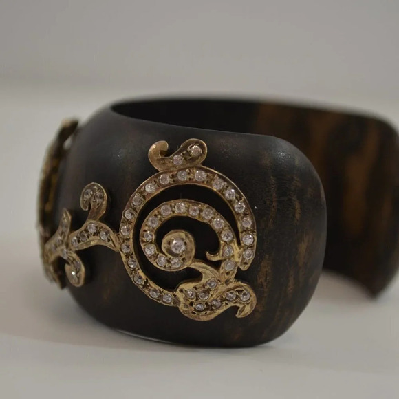 Isharya Wood Cuff Bracelet 18k Gold Vermeil Cubic Zirconia Small - Picture 13 of 16